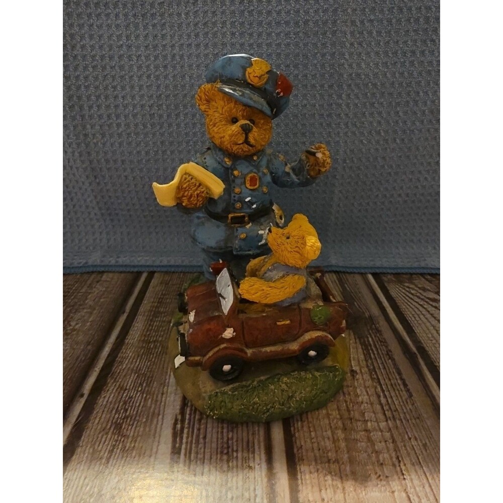 Teddy Bear Policeman With Little Teddy In A Car Figurine